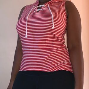 Tank Top Hoodie Red and White Striped Size M